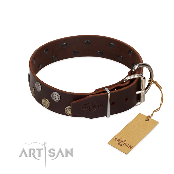 Durable traditional buckle on full grain natural leather dog collar for everyday use