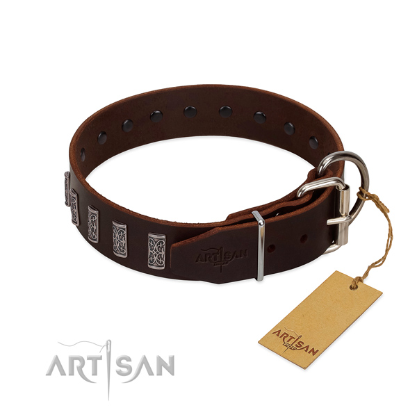 Rust-proof buckle on full grain genuine leather dog collar for everyday walking your pet