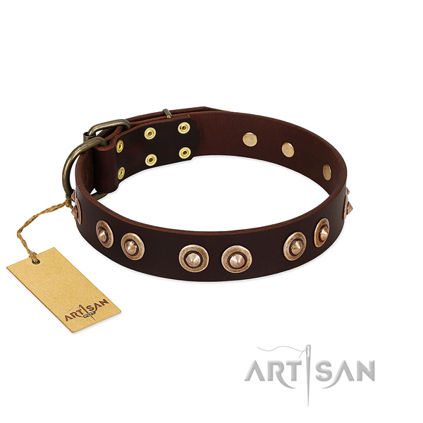 Rust resistant D-ring on natural genuine leather dog collar for your pet