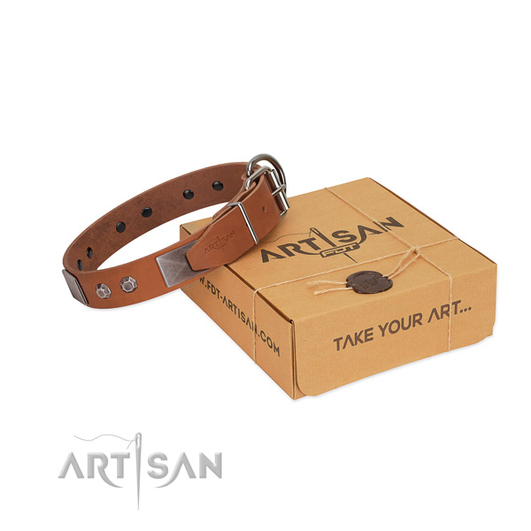 Rust-proof fittings on leather dog collar for easy wearing