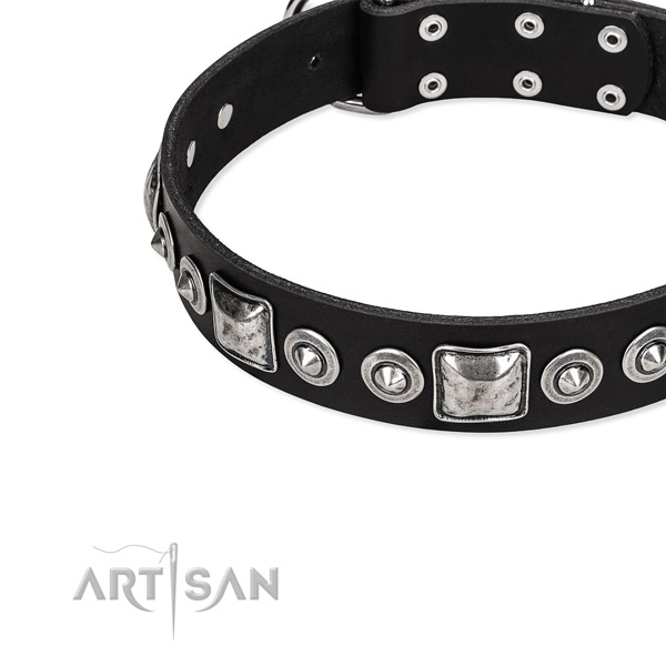 Full grain natural leather dog collar made of flexible material with adornments