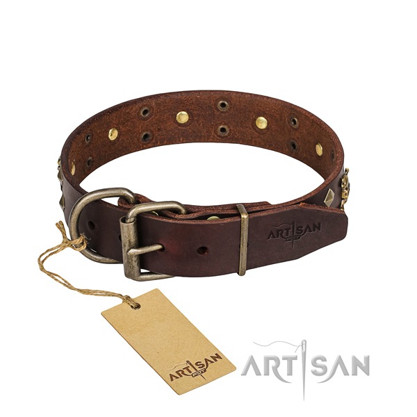 Everyday use dog collar of durable full grain natural leather with decorations