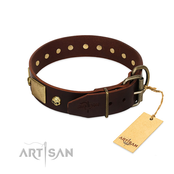 Flexible genuine leather dog collar with corrosion resistant decorations
