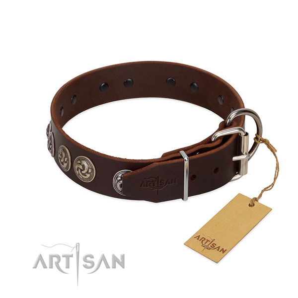 Rust resistant D-ring on embellished full grain natural leather dog collar