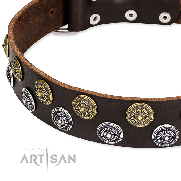Comfortable wearing embellished dog collar of high quality genuine leather