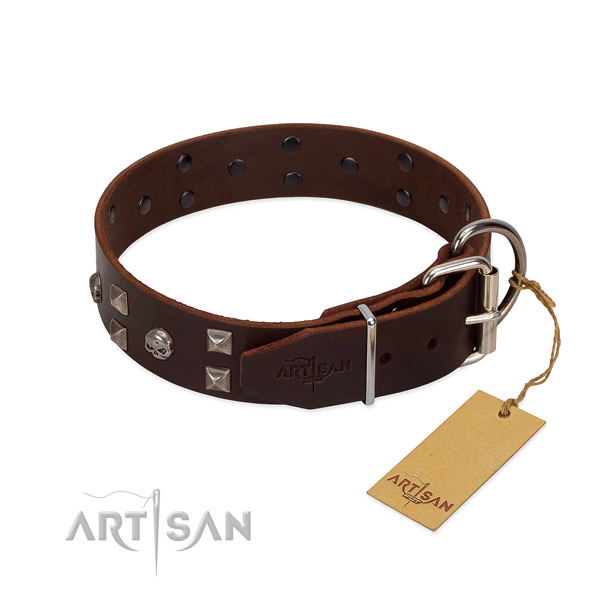 Adjustable genuine leather dog collar with rust-proof D-ring