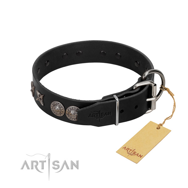 Basic training dog collar of genuine leather with stunning decorations