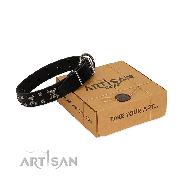 Strong natural leather dog collar with rust-proof hardware