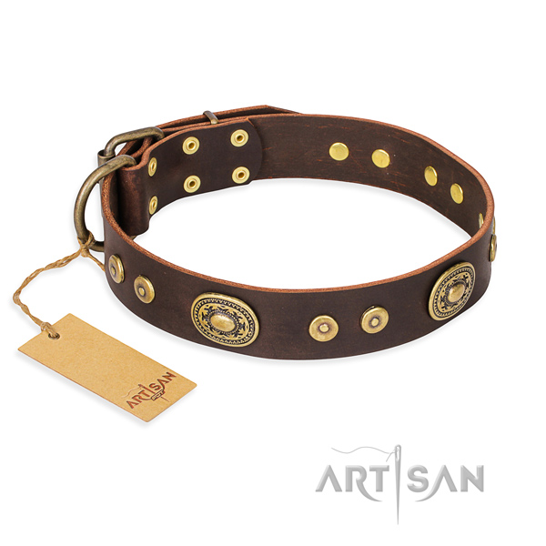Genuine leather dog collar made of quality material with corrosion resistant fittings