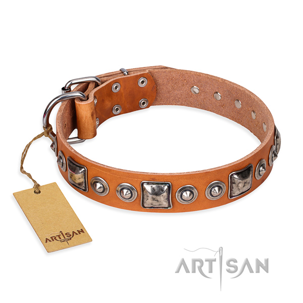 Natural genuine leather dog collar made of gentle to touch material with corrosion proof fittings