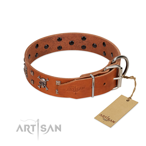 Comfy wearing gentle to touch full grain natural leather dog collar with embellishments