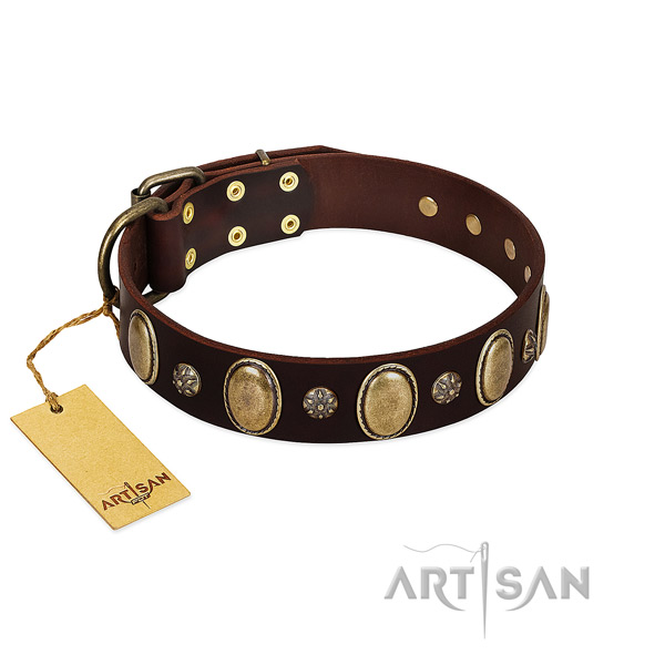 Daily use soft full grain genuine leather dog collar with embellishments