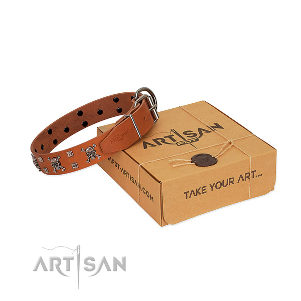 Soft genuine leather dog collar with reliable buckle
