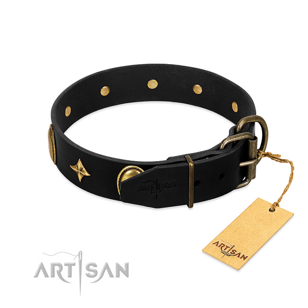 Top rate leather dog collar with corrosion proof embellishments