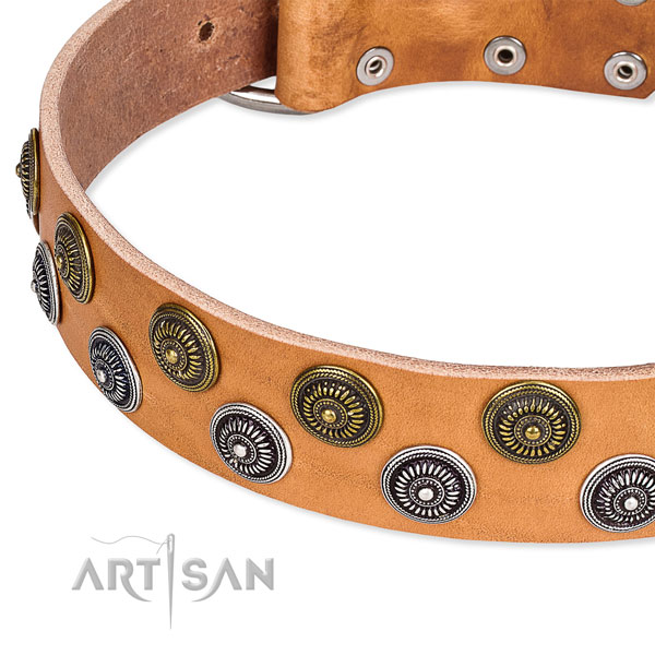 Handy use decorated dog collar of best quality natural leather