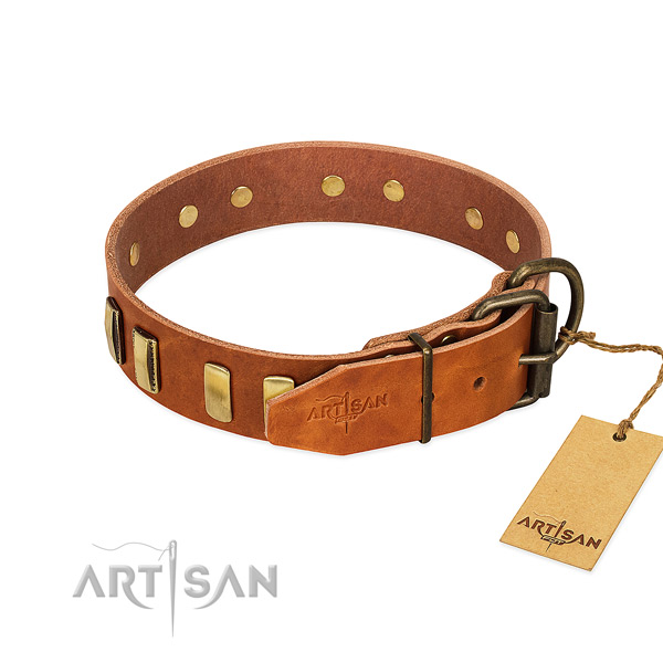 Soft to touch leather dog collar with corrosion proof buckle