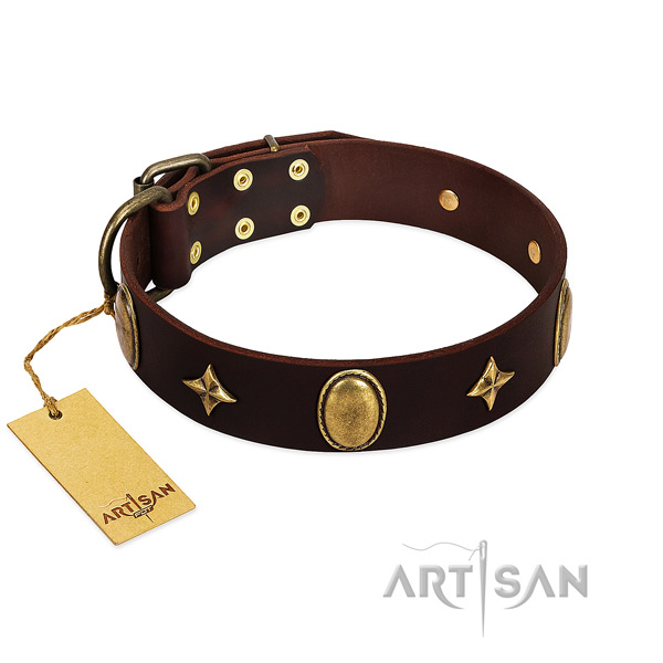 Gentle to touch genuine leather dog collar with rust-proof studs