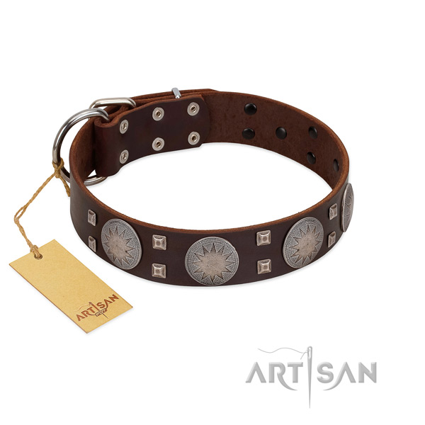 Convenient full grain genuine leather dog collar with corrosion proof fittings