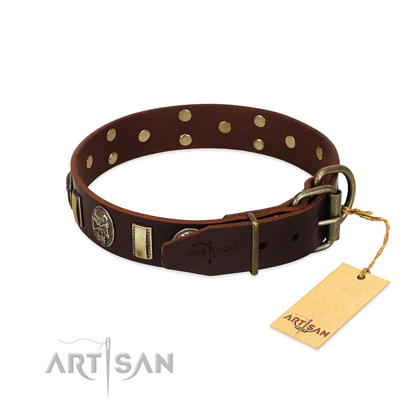 Leather dog collar with corrosion proof buckle and adornments