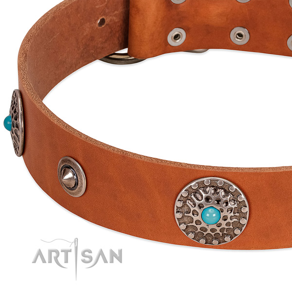 Walking gentle to touch full grain natural leather dog collar with decorations