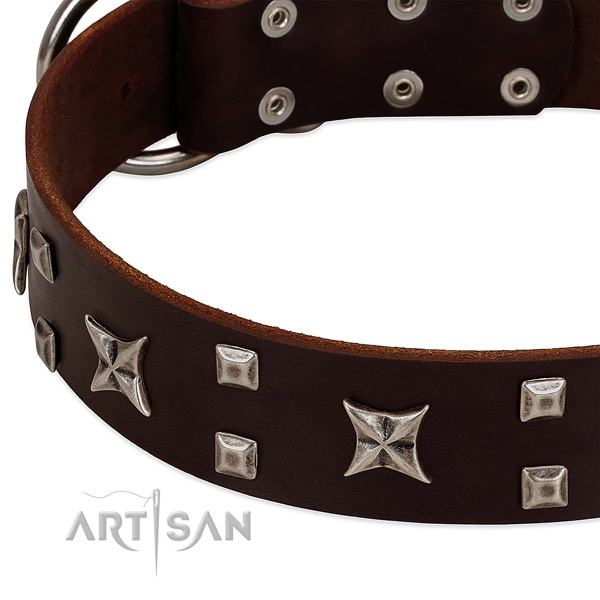 Best quality full grain natural leather dog collar with decorations for comfortable wearing