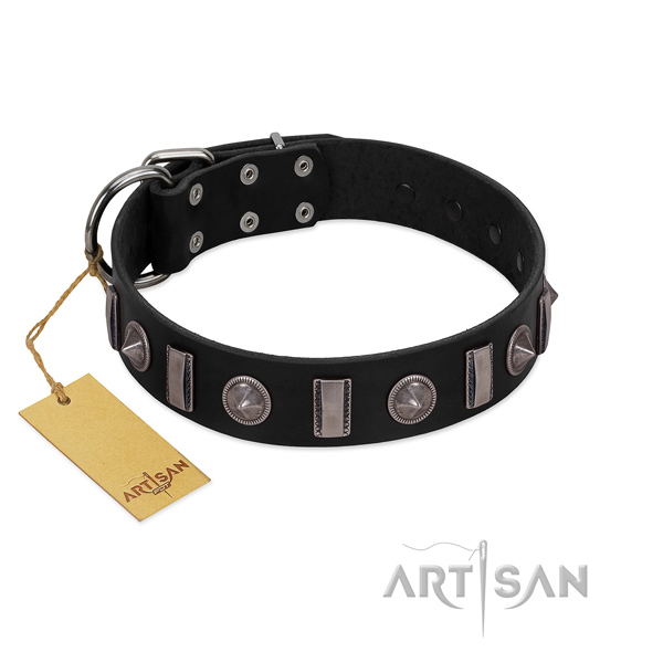 Flexible leather dog collar with adornments for comfortable wearing