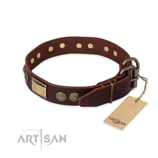 Durable fittings on full grain leather collar for daily walking your dog