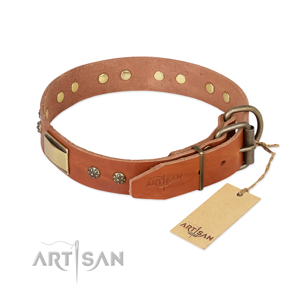 Full grain genuine leather dog collar with durable traditional buckle and adornments