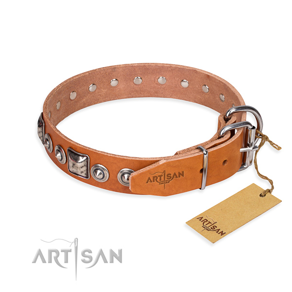 Natural genuine leather dog collar made of gentle to touch material with rust-proof adornments