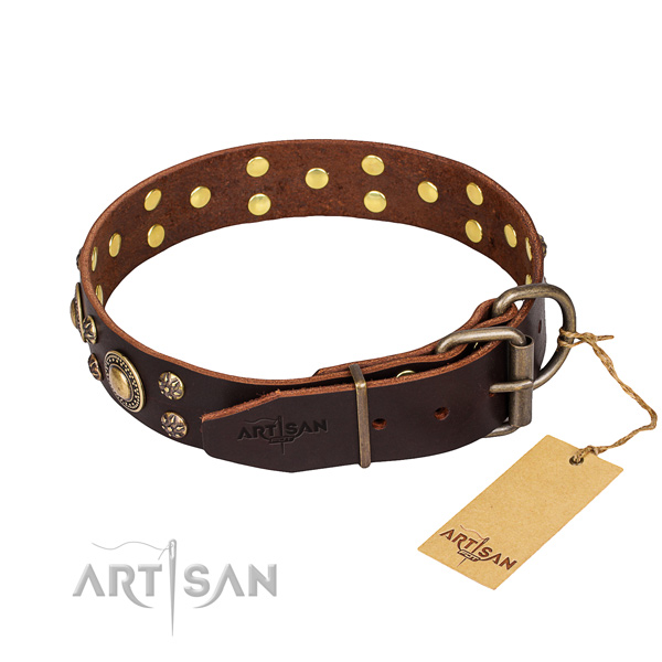 Handy use decorated dog collar of reliable full grain genuine leather