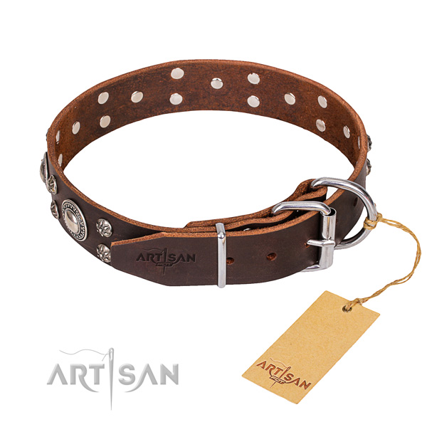 Fancy walking decorated dog collar of strong full grain genuine leather