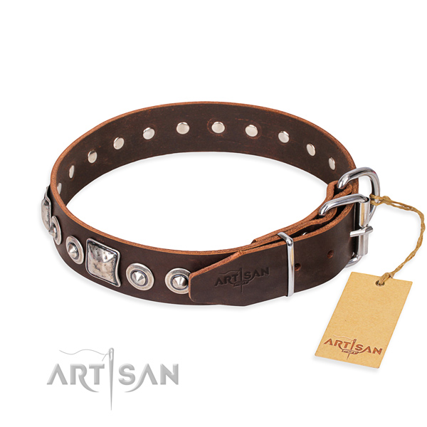 Full grain genuine leather dog collar made of flexible material with rust resistant decorations