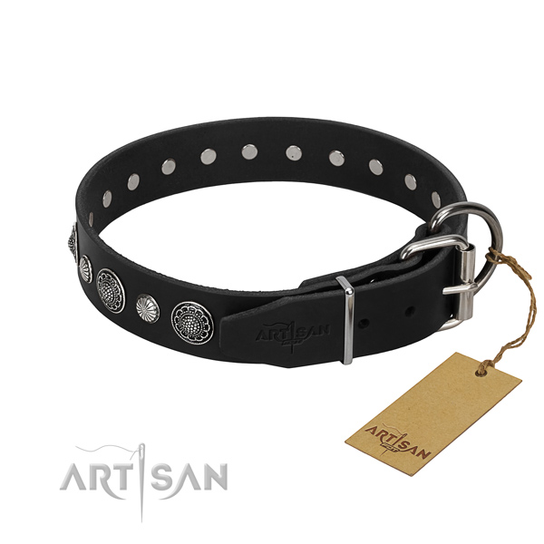 Reliable genuine leather dog collar with trendy decorations