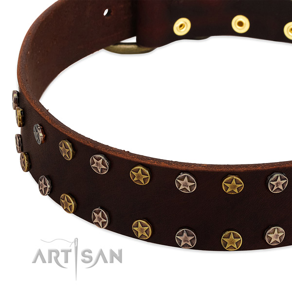 Easy wearing leather dog collar with designer decorations