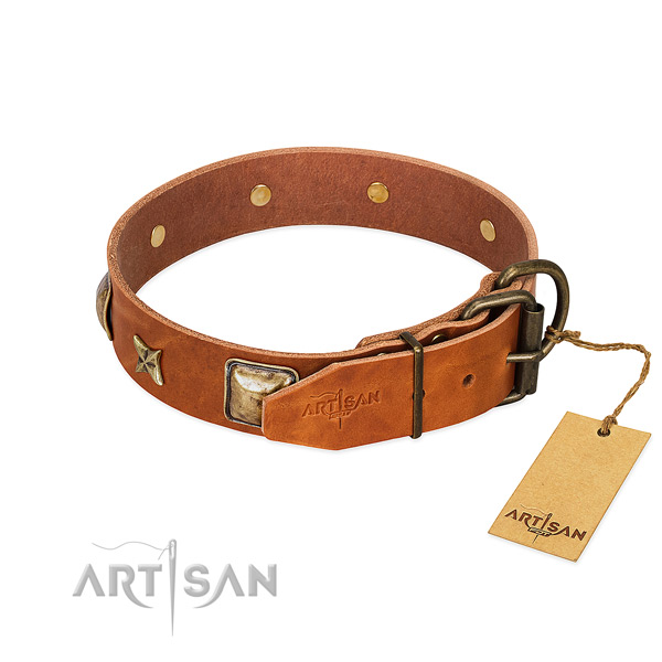 Full grain genuine leather dog collar with strong fittings and decorations