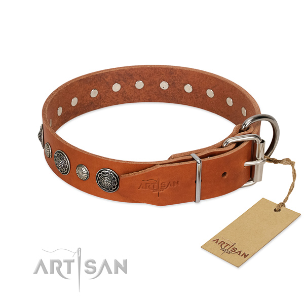Gentle to touch natural leather dog collar with corrosion resistant D-ring