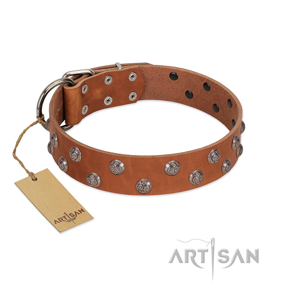 Stylish design genuine leather dog collar with corrosion proof hardware