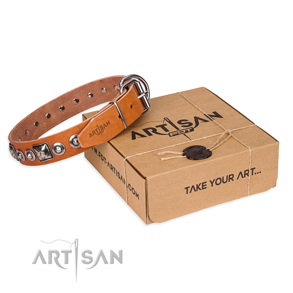 Leather dog collar made of soft to touch material with reliable D-ring