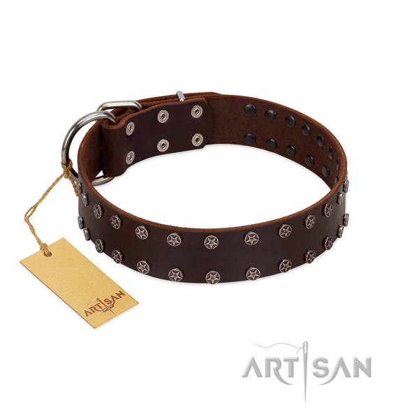 Easy wearing full grain genuine leather dog collar with significant decorations