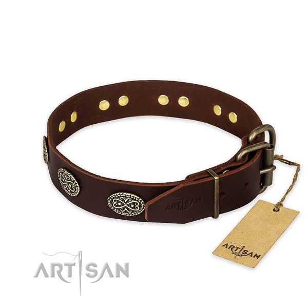 Rust resistant D-ring on full grain genuine leather collar for your lovely doggie