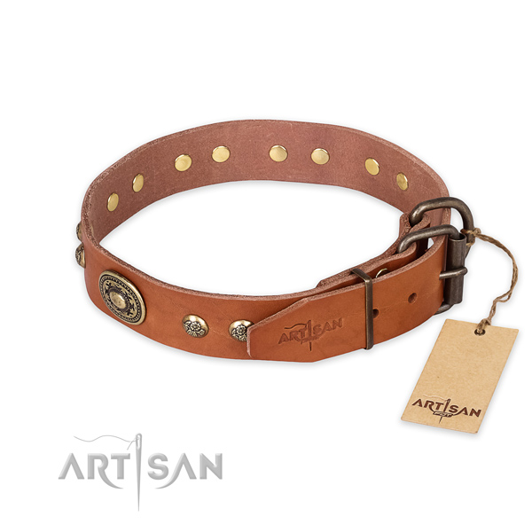 Rust resistant hardware on full grain natural leather collar for everyday walking your dog