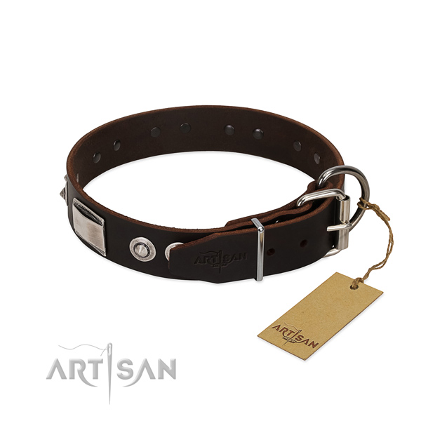 Convenient full grain genuine leather collar with embellishments for your canine