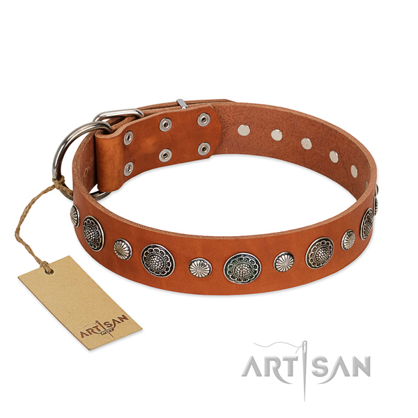 Durable genuine leather dog collar with rust resistant buckle