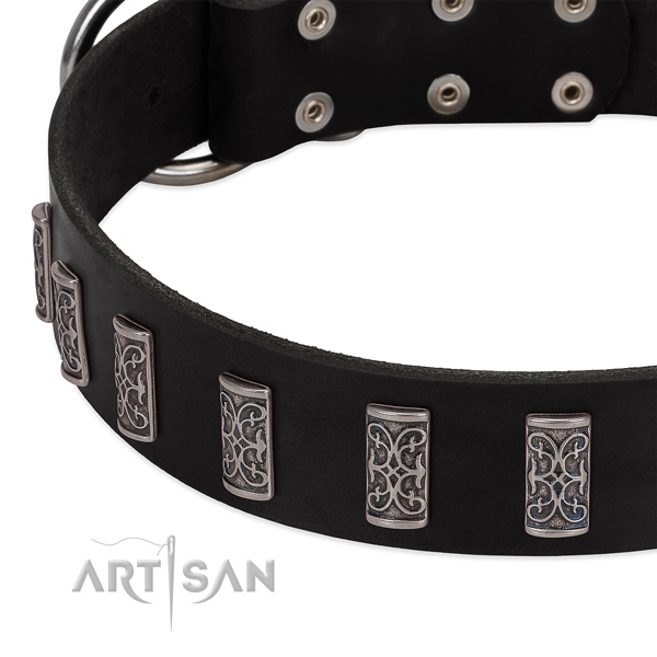Easy wearing genuine leather dog collar with rust resistant buckle