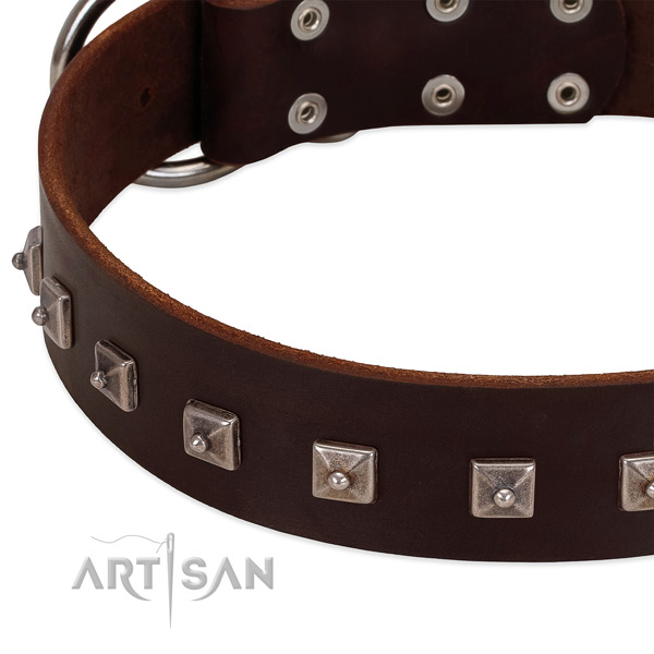 Flexible full grain natural leather dog collar with stylish decorations