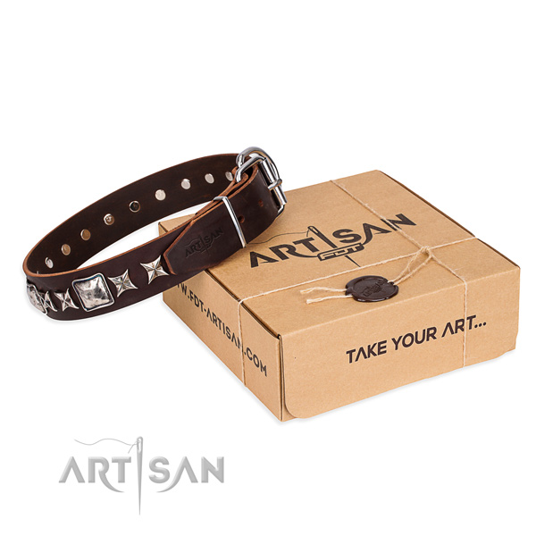 Daily use dog collar of best quality genuine leather with embellishments