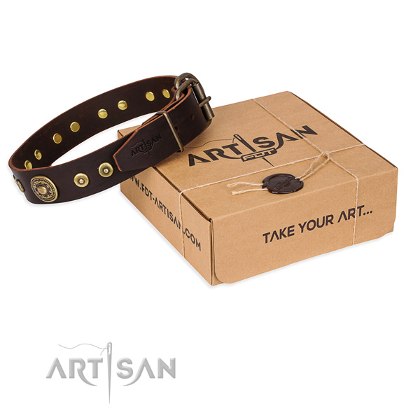 Full grain genuine leather dog collar made of soft material with strong hardware