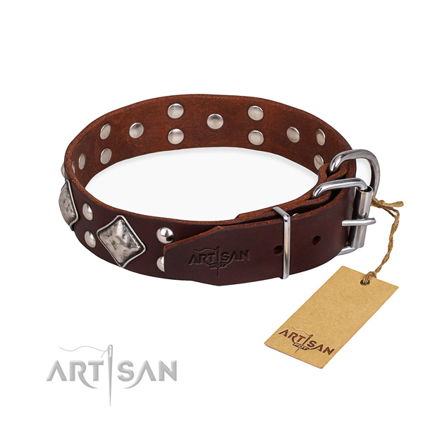 Full grain genuine leather dog collar with stylish strong embellishments