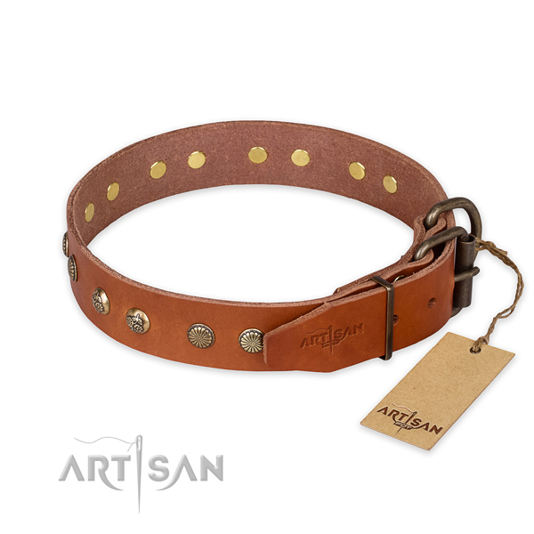 Rust resistant D-ring on natural genuine leather collar for your impressive canine