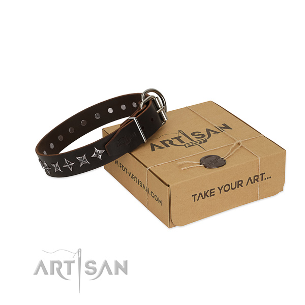 Basic training dog collar of strong natural leather with embellishments